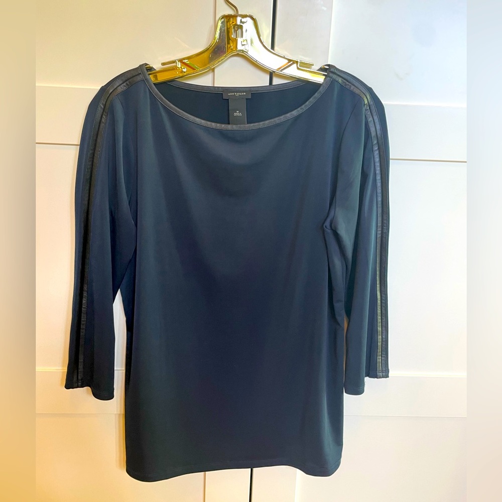 Ann Taylor Navy Blouse with Black Faux Leather Trim